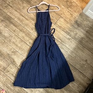 Navy Linen dress with thin white pinstripes and tie around the waist